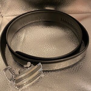 Men's Black Leather Belt with Polished Silver Buckle
